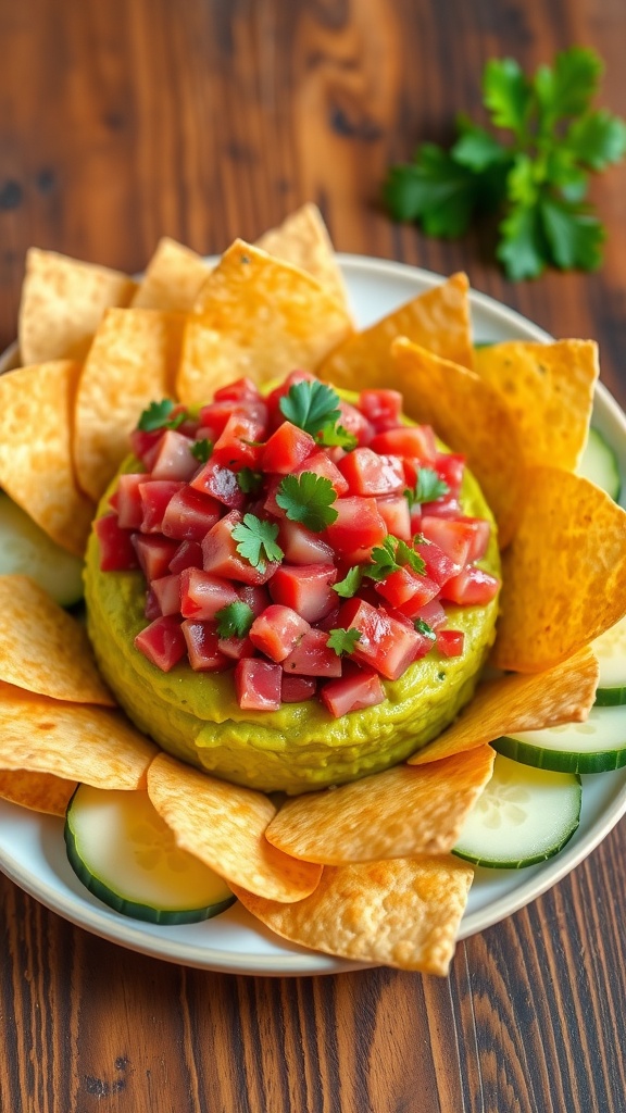 A plate of Tuna Tartare with avocado and cilantro, served with tortilla chips and cucumber slices.